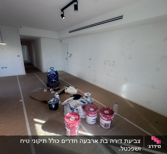 צביעת דירה בת ארבעה חדרים כולל תיקוני טיח ושפכטל.